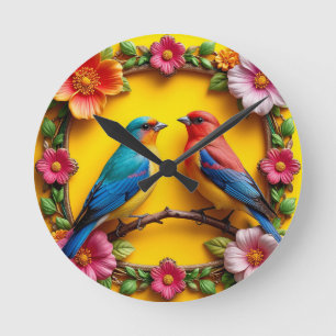 Horloge Ronde Oiseaux chanteurs vibrants entourés d'un cadre flo