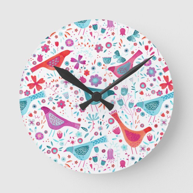 Horloge Ronde Oiseaux d'aquarelle dans un jardin de fleurs peint (Recto)