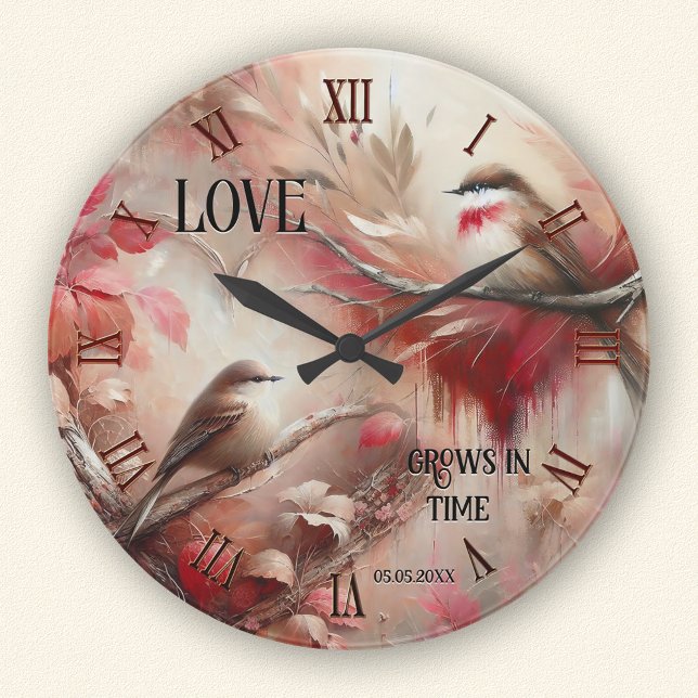 Horloge Ronde Oiseaux de l'amour romantiques et fantaisistes  (Wall clock featuring a whimsical painting of two cute birds - with classic elegant Roman numerals)