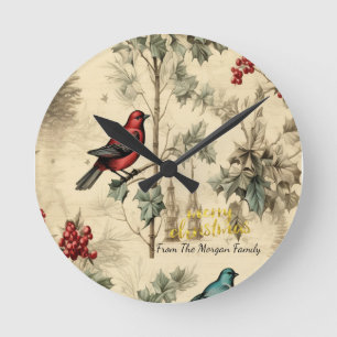 Horloge Ronde Oiseaux de Noël Vintage Holly Berry