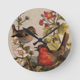 Horloge Ronde Oiseaux de printemps Robin Oiseaux rouges