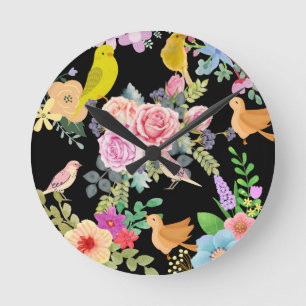Horloge Ronde Oiseaux et fleurs d'art colorés et vibrants sur fo