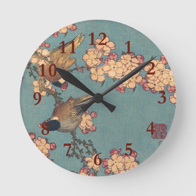 Horloge Ronde Oiseaux Fleurs Hokusai Art Japonais (Recto)