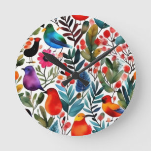Horloge Ronde Oiseaux floraux colorés