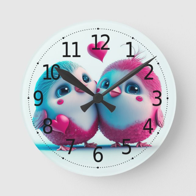 Horloge Ronde Oiseaux mignons Amour Coeurs Saint Valentin (Recto)