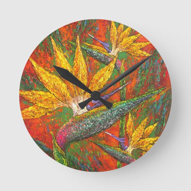 Horloge Ronde Oiseaux Tropicaux De Fleurs Paradisiaques Peinture (Recto)