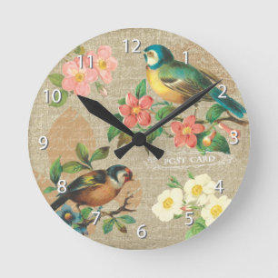 Horloge Ronde Oiseaux Vintages rustiques et fleurs Shabby Elégan
