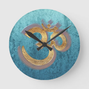 Horloge Ronde OM blue brass gold damask Asia Yoga Spiritualität