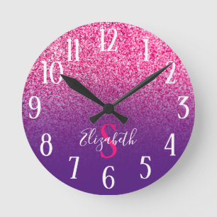 Horloge Ronde Ombre de paillettes violet et rose vif monogrammé