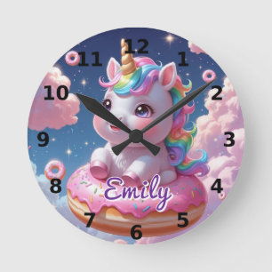 Horloge Ronde Onglet murale Unicorn Donut - Nom modifiable