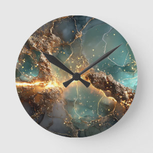 Horloge Ronde Or Abstrait et art marbré Turquoise