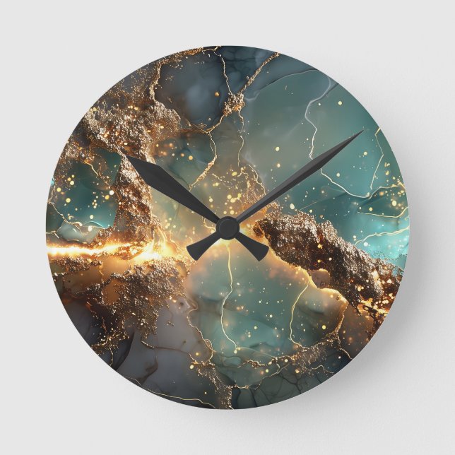 Horloge Ronde Or Abstrait et art marbré Turquoise (Recto)
