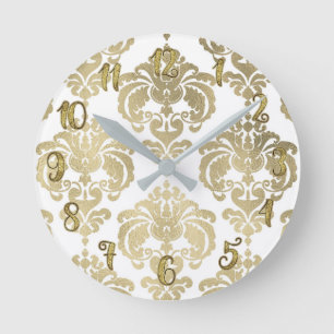 Horloge Ronde Or Pailleté & Damassé Blanc Moderne Personnalisé