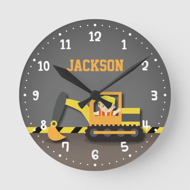 Horloge Ronde Orange Excavator Construction Boys Décor Chambre (Recto)