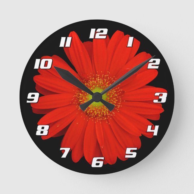 Horloge Ronde Orange Gerbera Fleur marguerite sur noir avec chif (Recto)