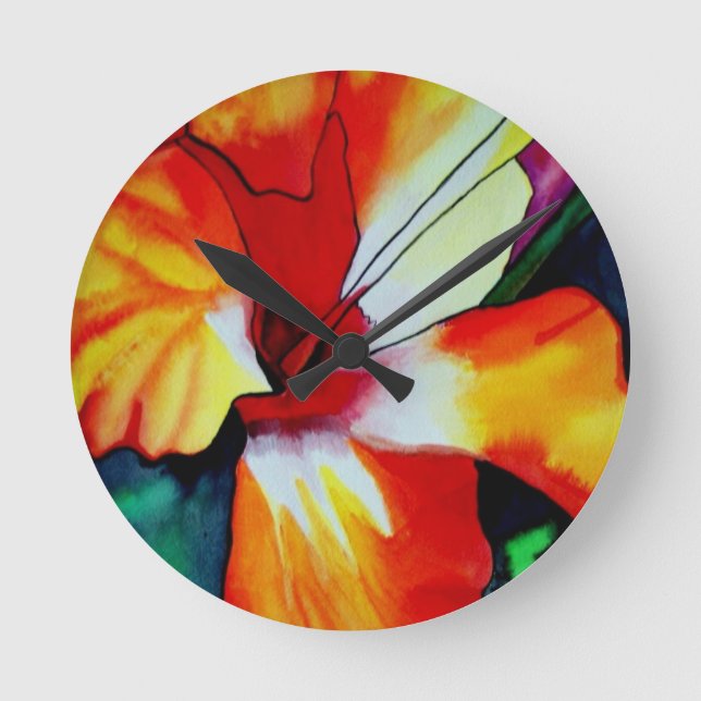 Horloge Ronde Orange Hibiscus fleurs tropicales aquarelle art (Recto)