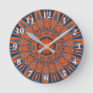 Horloge Ronde Orange Navy Blue Mandala