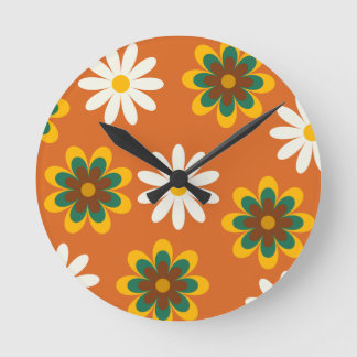 Horloge Ronde Orange Retro les années 70 Fleurs