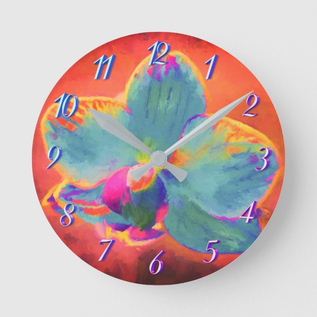 Horloge Ronde Orchid pink blue and purple painting floral clock (Recto)