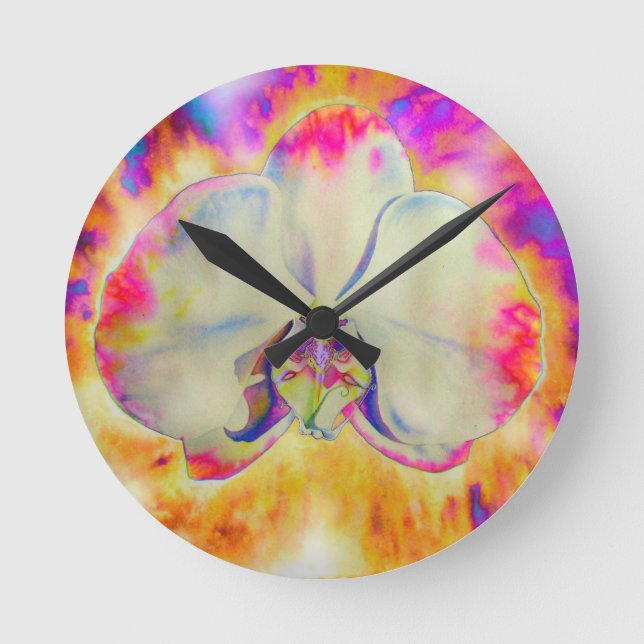 Horloge Ronde Orchidée de feu rose, fleurs d'aquarelle surréalis (Recto)