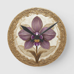 Horloge Ronde Orchidée élégante dans un cadre doré complexe