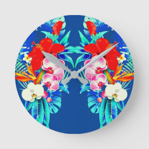 Horloge Ronde Orchidée tropicale et palmier feuille floral hawaï