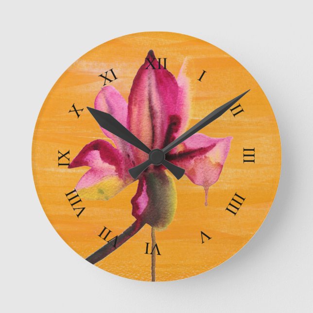 Horloge Ronde Orchidée violette couleur orange pop art fleur (Recto)