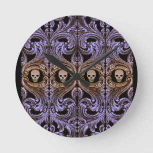 Horloge Ronde Ornement et crâne violet Goth