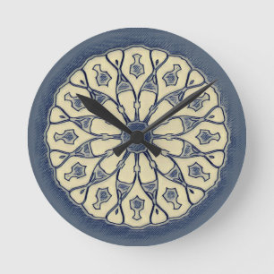 Horloge Ronde Ornement Mandala Radial Bleu-Beige Vintage