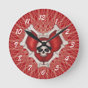 Horloge Ronde Os de coeur rouge gothique Os Crânes frirales Lign
