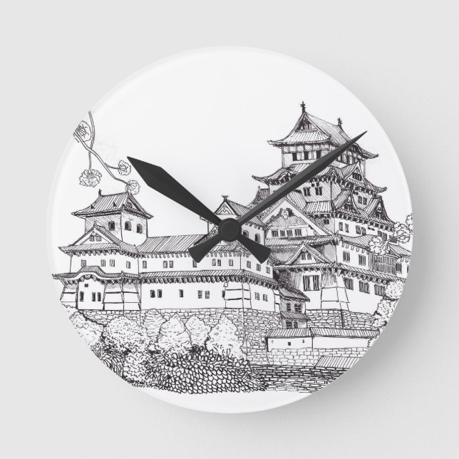 Horloge Ronde Osaka Castle Japon noir blanc illustration (Recto)