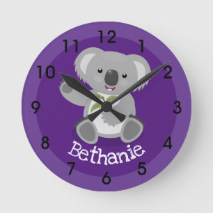 Horloge Ronde Ours de koala mignon avec dessin animé feuille