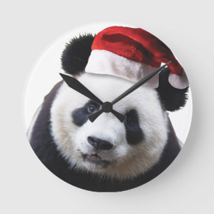 Horloge Ronde Ours de panda de Noël avec chapeau de Père Noël