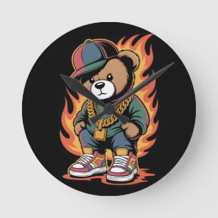 Horloge Ronde Ours en peluche de style hip-hop avec chaînes en o