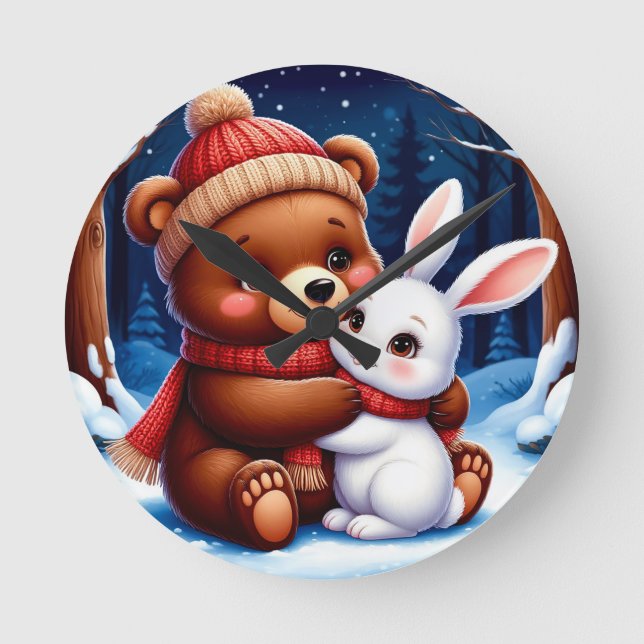 Horloge Ronde Ours mignon tenant un lapin (Recto)