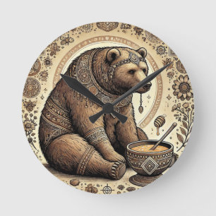 Horloge Ronde Ours Orné Entouré de Mandala et de Miel 