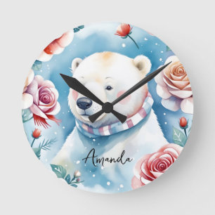 Horloge Ronde Ours polaire blanc aquarelle et roses rouges