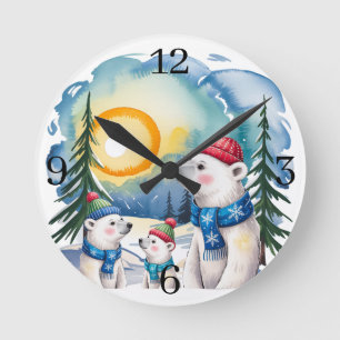 Horloge Ronde Ours polaire d'hiver Noël de famille