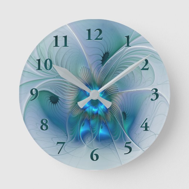 Horloge Ronde Ovations debout, fractale abstraite bleu turquoise (Recto)