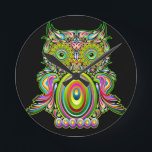 Horloge Ronde Owl psychedelic pop art<br><div class="desc">Owl originally created on Graphic Vector Technique. Every little piece,  like in a puzzle,  have been assembled first to composition the multicolor circles et the multicolor drops; then,  every single drop and circle have been patiently assembled to composition to the entire owl. This design est un copyright avec BluedarkArt.</div>