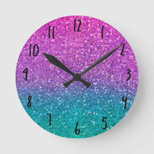 Horloge Ronde Pailleté scintillant rose sarcelle aqua bleu et vi
