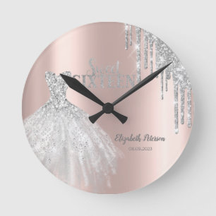 Horloge Ronde Paillettes argentées gouttes, robe rose gold Sweet