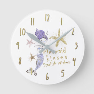 Horloge Ronde Paillettes de doré violet Sirène Vœux Étoiles de m