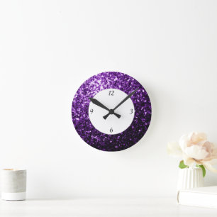 Horloge Ronde Paillettes violet foncé scintillent avec des chiff