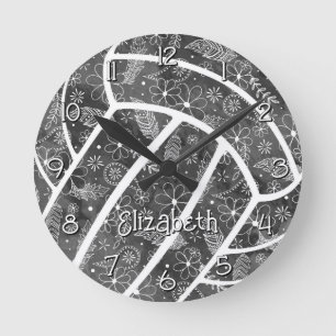 Horloge Ronde paisleys plumes fleurs noir gris volley