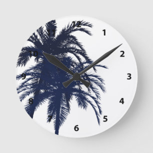 Horloge Ronde Palmier tropical bleu et blanc de la Marine