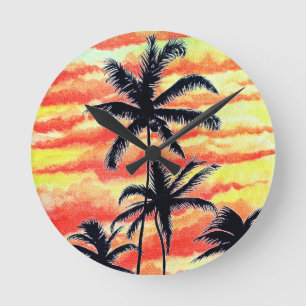 Horloge Ronde Palmiers de Coco-Coques Couchés De Soleil Hawaïen
