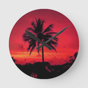 Horloge Ronde Palmiers exotiques du coucher de soleil de l'Hawaï