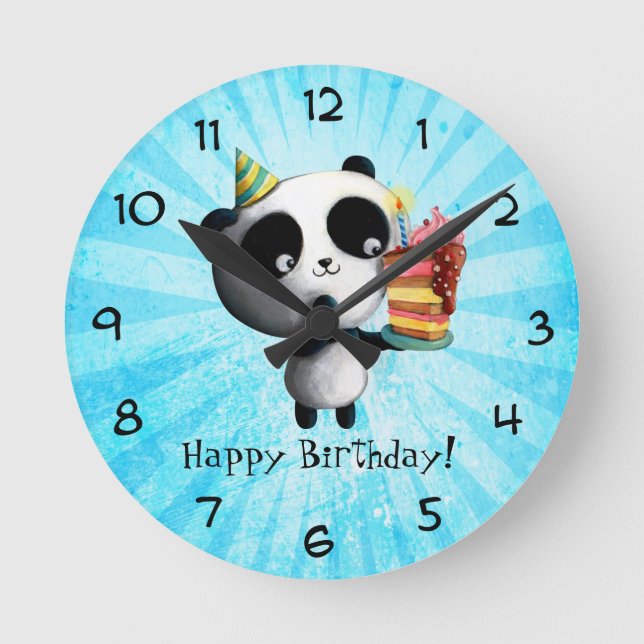 Horloge Ronde Panda d'anniversaire mignonne avec gâteau (Recto)