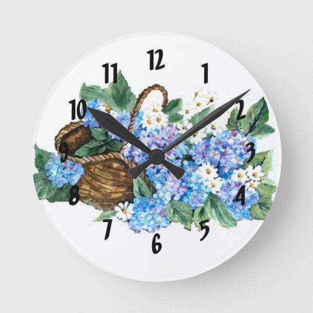Horloge Ronde Panier à paille avec hydrangées bleues et petits b (Recto)